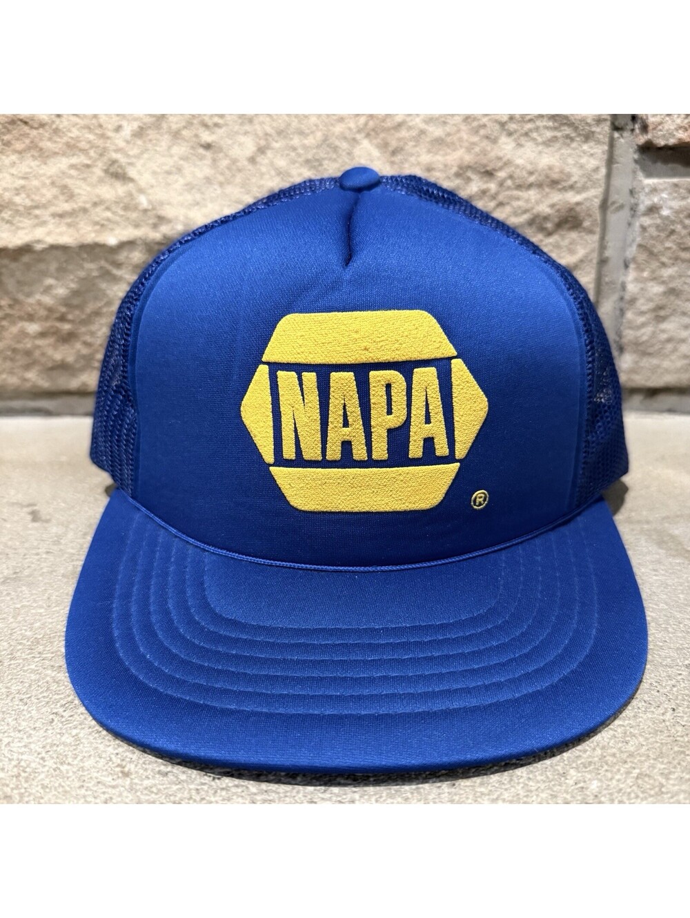 Vintage NAPA Auto Parts Trucker Hat Snapback Mesh Young An Blue Yellow 80s Vtg